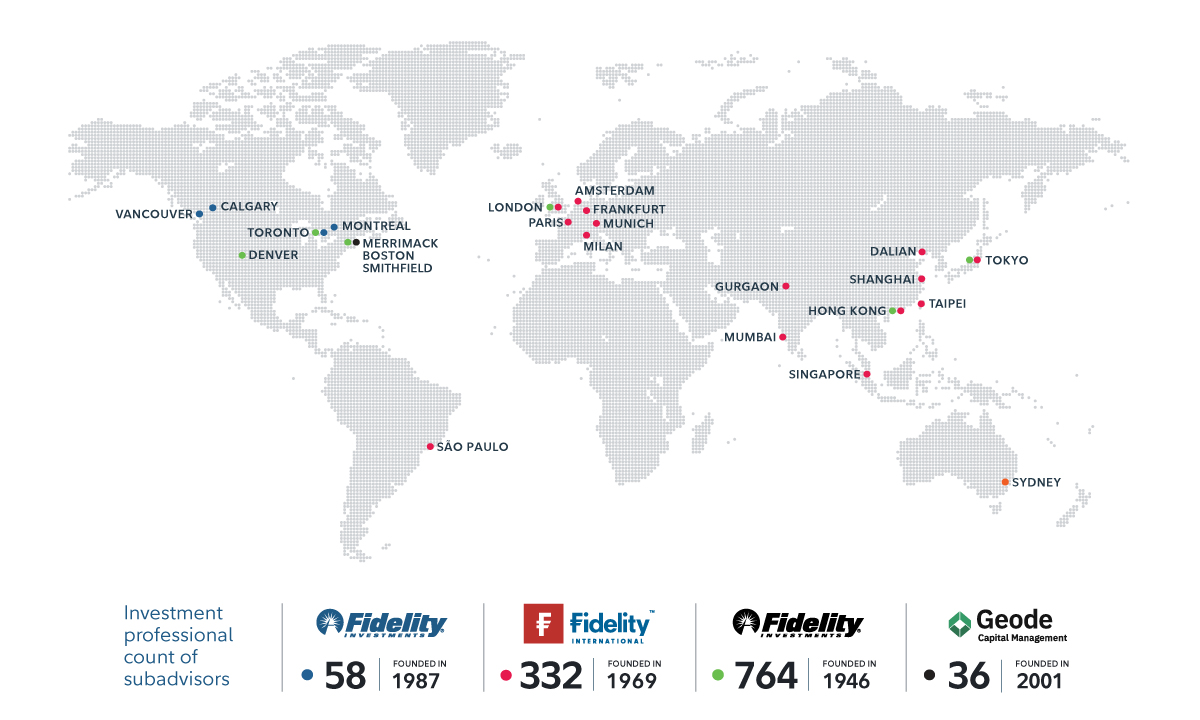 This map shows how Fidelity Investments Canada ULC draws on expertise from around the world. Fidelity Investments Canada have been providing investment solutions and innovations to clients in Canada for more than 35 years. They invested in proprietary research, bottom-up fundamental analysis, product innovation and our people.