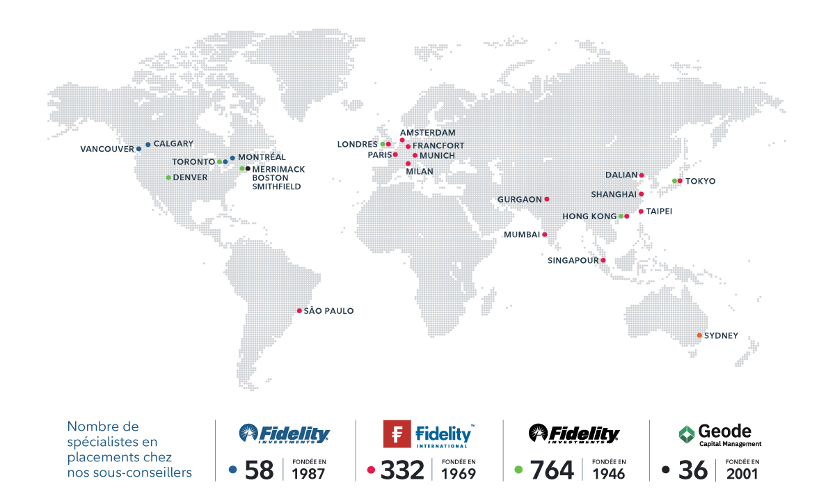 Carte du monde démontrant comment Fidelity Investments Canada s.r.i. met à contribution ses experts aux quatre coins du monde Fidelity Investments Canada propose des solutions de placement et des possibilités d’innover à sa clientèle canadienne depuis plus de 35 ans. Nous investissons dans la recherche exclusive, l’analyse fondamentale ascendante et l’innovation en matière de produits, ainsi que dans notre personnel.